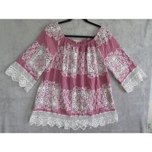 Indigo Thread Co Women’s Boho Crochet Lace Peasant Top Pink White Embroidered Co